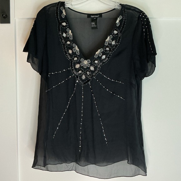 Karen Kane sheer 100% silk blouse Black size Medium Beaded Whimsigoth Event - Picture 1 of 6